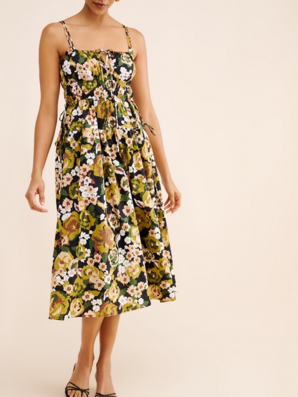 Moon River Sleeveless Strappy Floral Print Shirred Midi Dress Size Medium